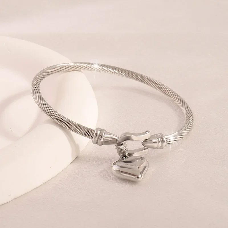 18k Gold Color Stainless Steel Heart Pendant Charm Bangle Bracelets For Men Women