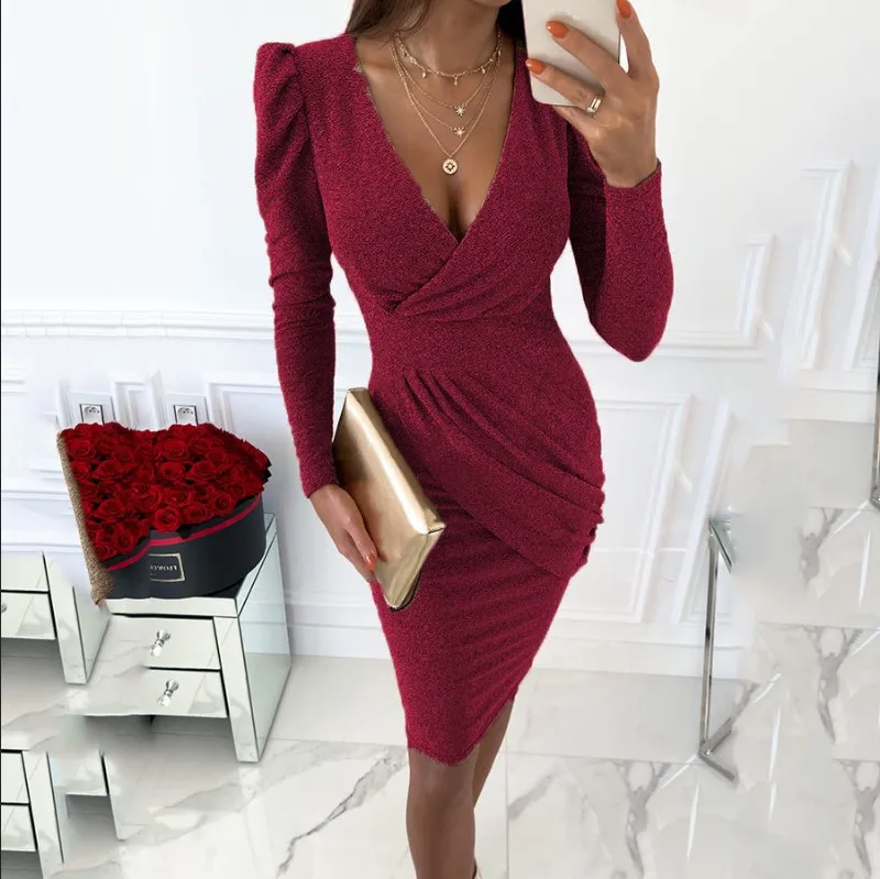 

2023 Autumn Women's Fashion V-Neck Sexy Temperament Commuter Waistband Solid Dress Casual Party Lady Solid Color Dresses Cloth
