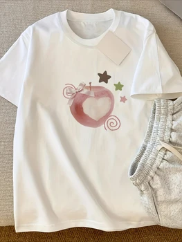 Women's Y2K White TShirt Pure Summer Top with Red Apple Core Heart Graphic Fit Casual Everyday Shirt for Women Aesthetic Clothes 1