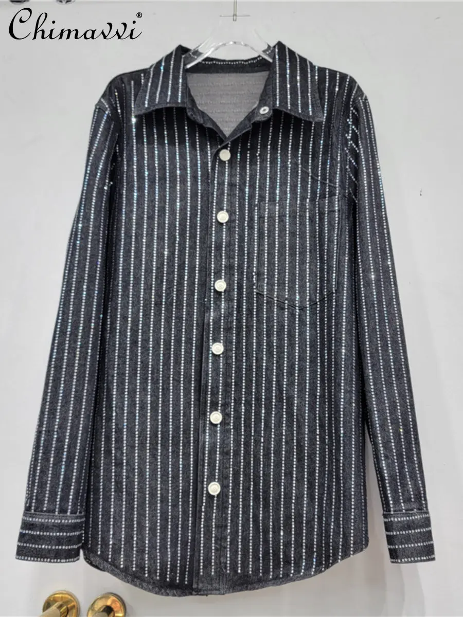 

Европейская джинсовая рубашка со стразами, осень 2023, модная свободная голубая джинсовая рубашка-поло с воротником-поло, уличная одежда большого размера, свободная блузка