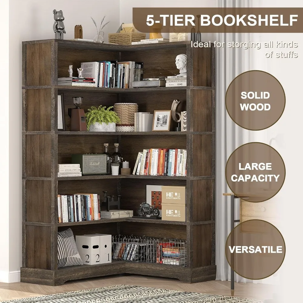 Wood Corner Bookcase, 5-Shelf 65 Inch Tall Bookshelf with Storage, Floor Standing Display Book Shelf for Living Room 5