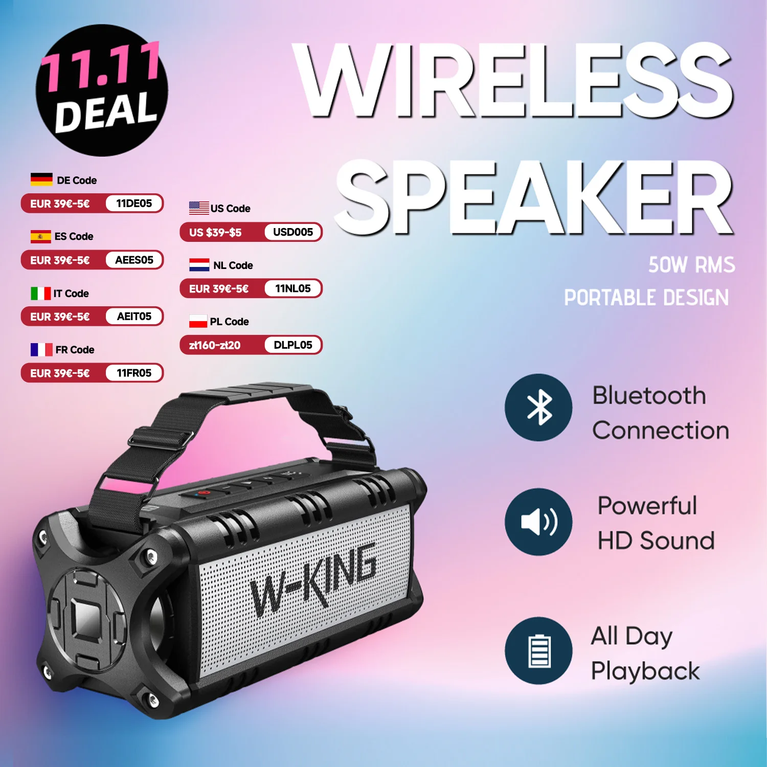 W-KING Bluetooth Speaker, 90W Peak 50W RMS Powerful Bluetooth Speaker Loud IPX6 Waterproof, Large Outdoor Portable Speaker