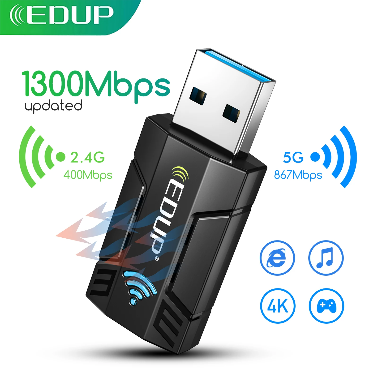 Adaptateur WiFi USB Carte réseau sans fil 1300Mbps, adapté pour ordinateur  de bureau 3.0 WiFi Dongle avec antenne, carte WiFi double bande 2,4 GHz et