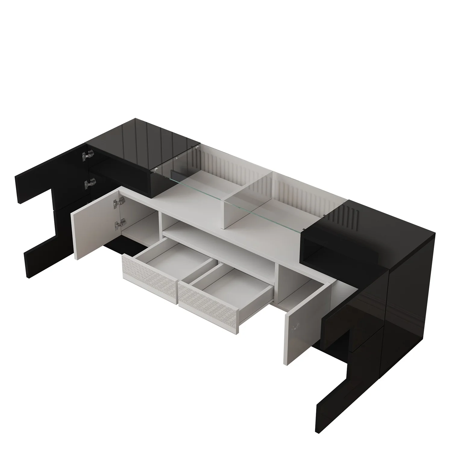 Stilvolles TV-Möbel 145x50cm, LED-Beleuchtung mit Stauraum, Lowboard mit Hochglanzoberfläche, Wohnzimmermöbel, Schwarz + Weiß – Detail 10