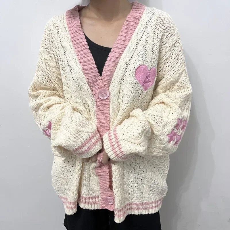 Lover Pink Cardigan Women Heart Knitted Cardigans with Star Embroidery Winter Vintage Oversized Sweater Y2k Couples Tops 3