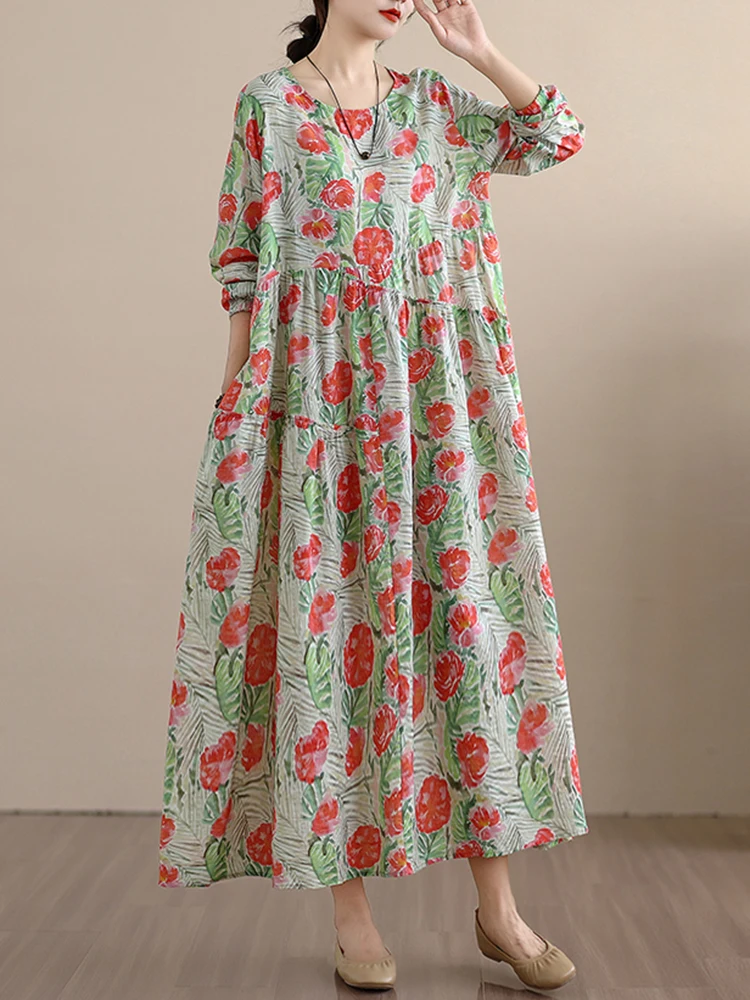 2025 Spring Autumn New Long Sleeve Cotton Floral Print Vintage Dresses For Women Casual Loose Midi Dress Femme Elegant Clothing