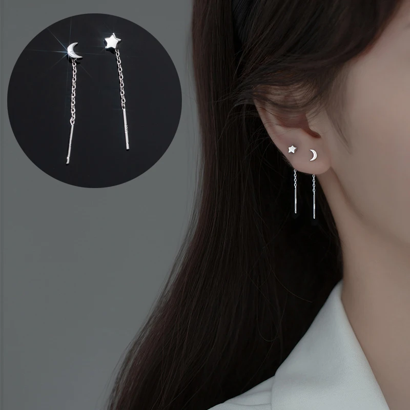 Mloveacc 100% Real 925 Sterling Silver Star And Moon Pull Through Threader Orecchini Pendenti Carini Gioielleria Raffinata Per Le Donne