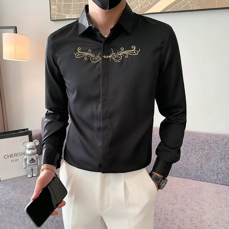 

M-4XL Men's Four Seasons New Long Sleeve Lapel Shirt Solid Color Embroidery Autumn Slim Fit Business Casual Style Men's Top