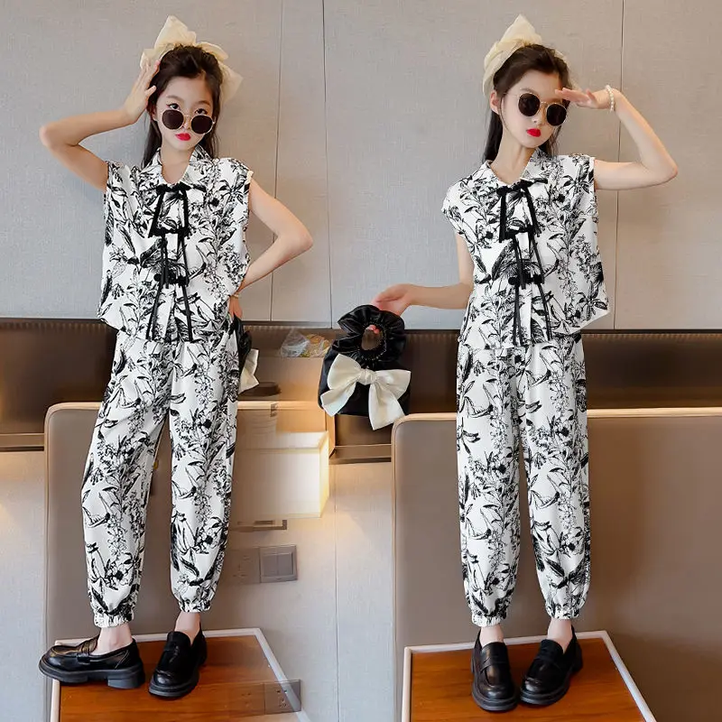 

New Fashion Style Girl Suit Summer Clothing 2Pcs Girl Sweet Striped Short-Sleeved Long Pants Korean Style Childrens Clothes Sets