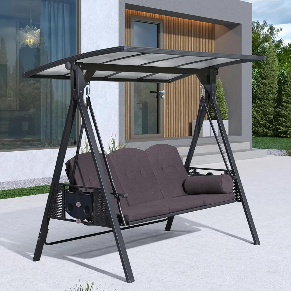 

Outdoor Patio Porch Swing for Backyard Front Porch Lawn, with Adjustable PVC Canopy and Side Cup Holder 3-seat Swing Chair Bench