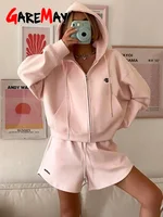 Spring Women's Summer Suit with Shorts Cotton Oversize Pink  Top and Shorts Set Two-piece Casual Tracksuit with Shorts for Women 2