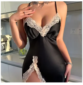 Sexy Backless Mini Female Nightgown Lingerie Summer Chemise Sleepwear Suspender Nightdress White Satin Lace Home Wear Loungewear 5