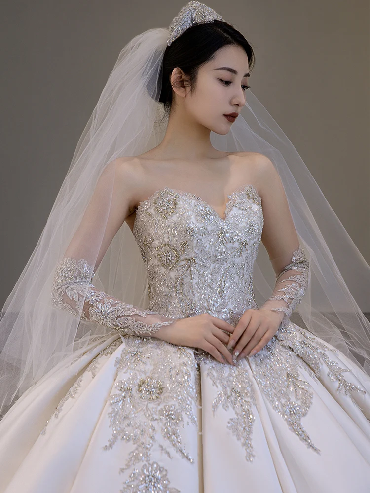 

French Style Vintage Satin Tube Top Bridal Tail Wedding Dress