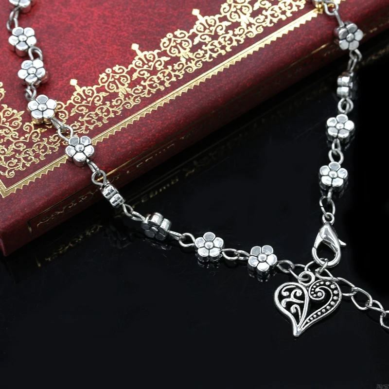 Women's Vintage Heart Flower Barefoot Sandals Beach Anklet Tassel Chain Foot Jewelry Bracelet on Leg Bracelet Ankle Jewelry