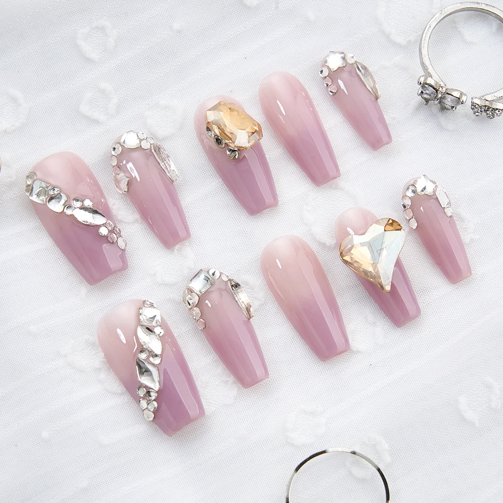 

Pile Drill Handmade Nails Purple Elegant Long Ladder Nails Set Press on Full Cover Decorated Fake Nails with Glue Nail Art