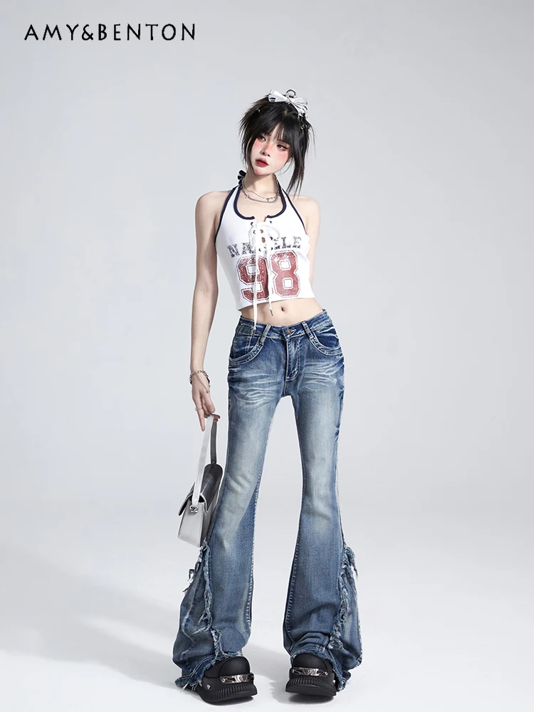 Autumn New American Retro High Waist Washed Jeans Women Fashion Bleached Slim Sexy Flare Pants Denim Trousers Girls