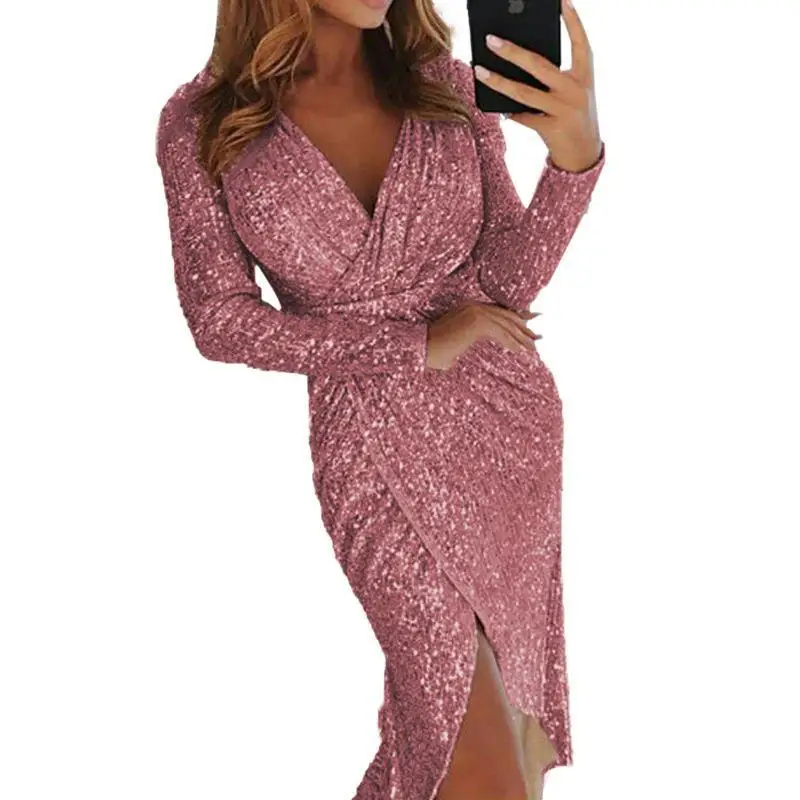 Women Long Sleeved V-neck Mid Skirt Dress with Slit Slim Fit