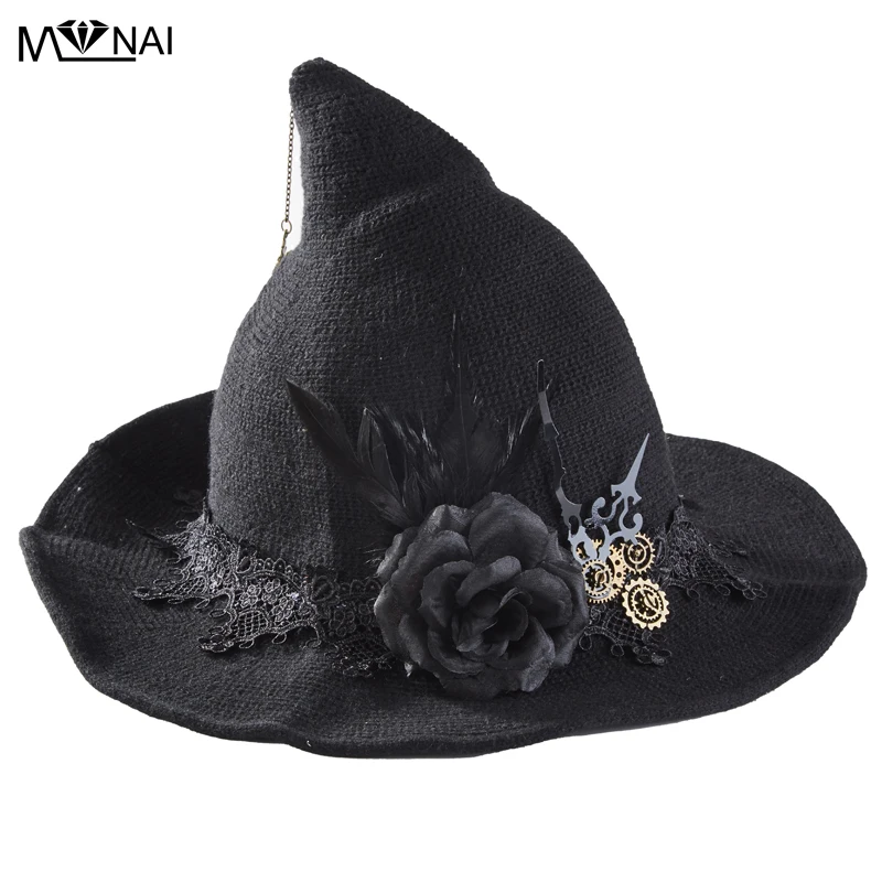 

Black Witch Hats Gothic Wide Brim Rose Lace Feather Clock Pointers Hat Cosplay Costume Accessories