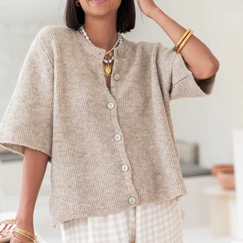 Women Knitted Crop Cardigan Shirt Short Sleeve Button Down Ribbed Knit Crop Top Y2k Girls Outwear Top Tee Shirt for Winter Fall 6