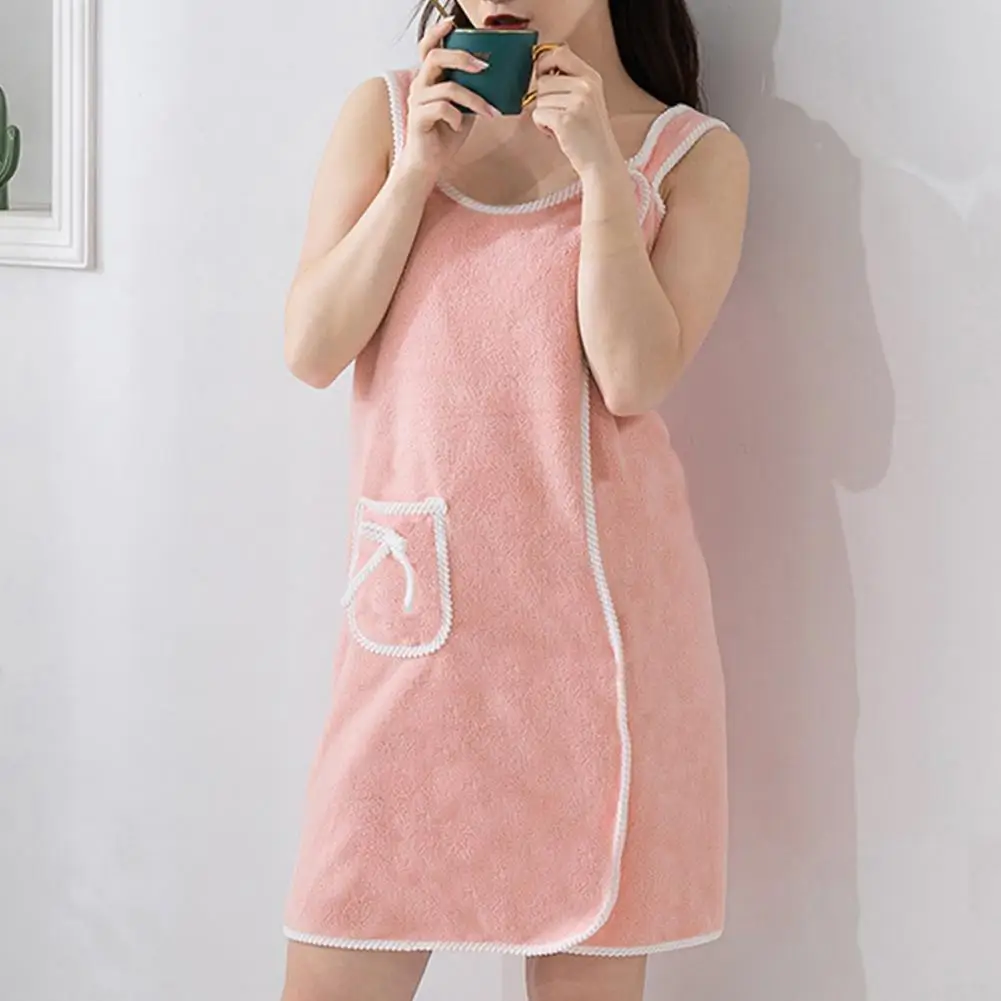 Women Bath Towel Soft Coral Fleece Wrap Adjustable Button Closure Sleeveless Bathrobe Water Absorbent Pockets Unisex Spa Robe