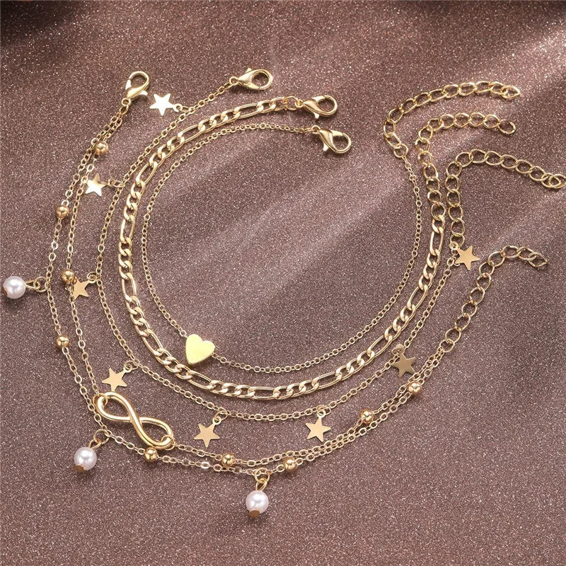 Ankle Chains Bohemia Gold Color Pearl Ankle Bracelet Set For Women Butterfly Heart Star Charm Anklet Chain On Leg Boho Jewelry