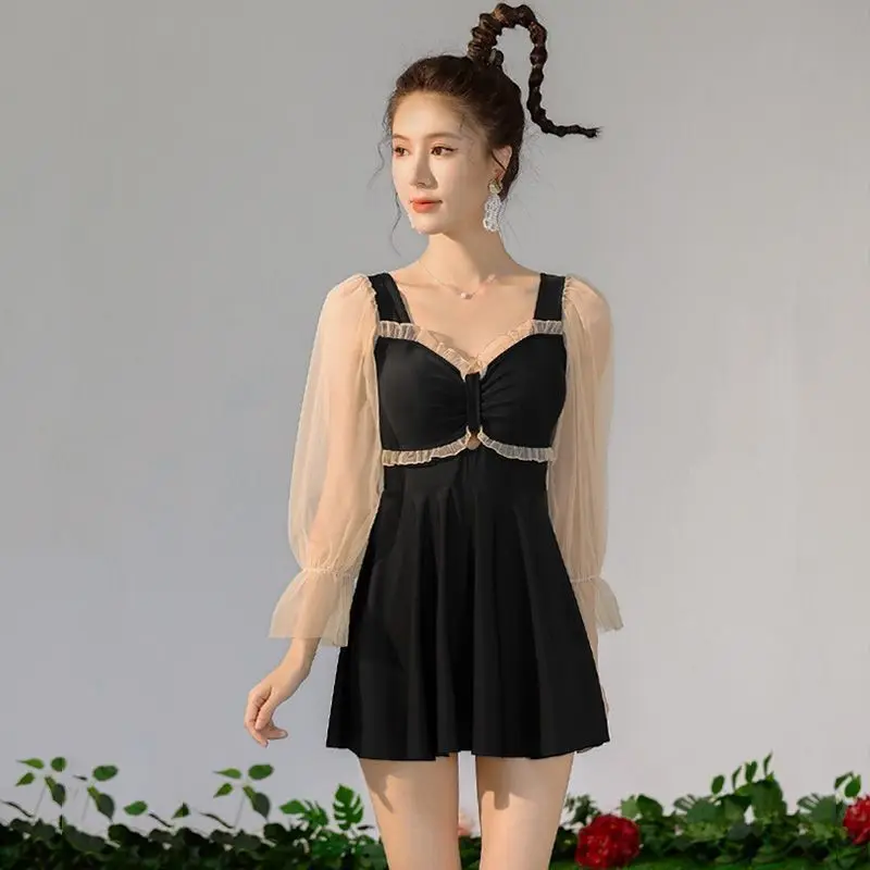

Women's Swimming Suit 2023 New Girls' Conservative Belly Covering Slim Skirt One Piece Fairy Fan Long Sleeve Swimwear