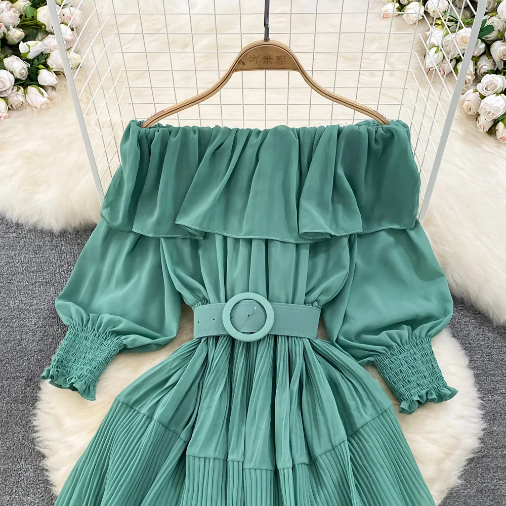 Women Vintage Off Shoulder Dress Chiffon Summer Sweet Lotus Leaf Edge Elegant Pleated Dresses Ladies Evening Party Long Dress