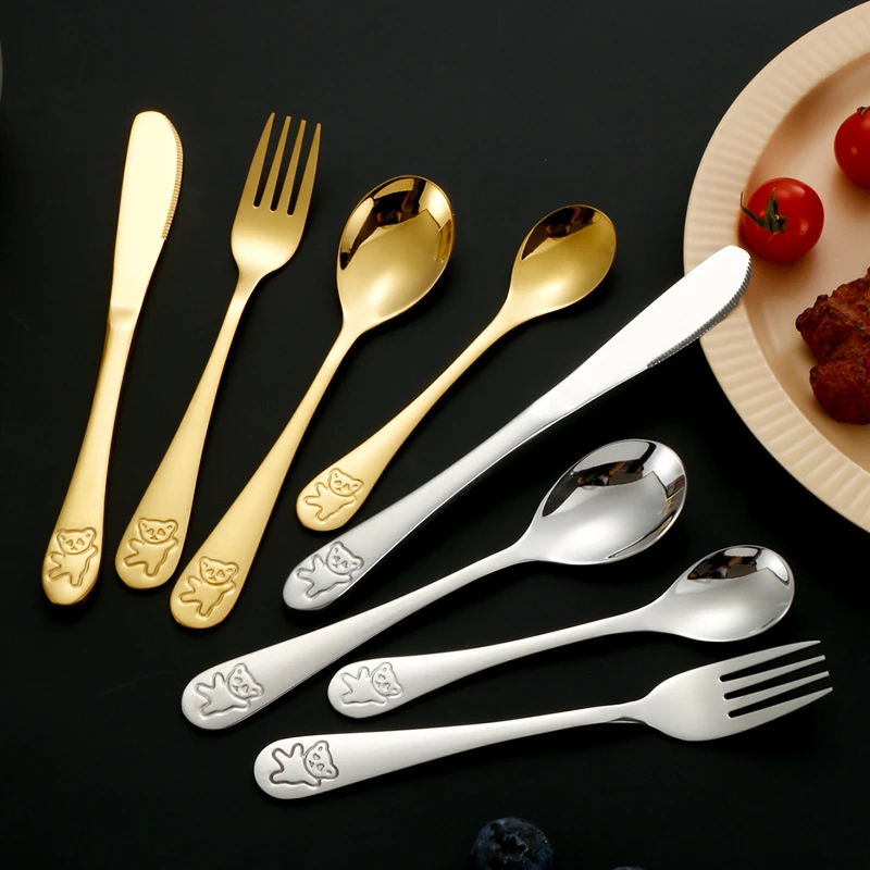 Golden Cartoon Bear Cutlery Set for Children Western Cute Stainless Steel Spoon Knife Fork Teaspoon Dinnerware Set Tableware