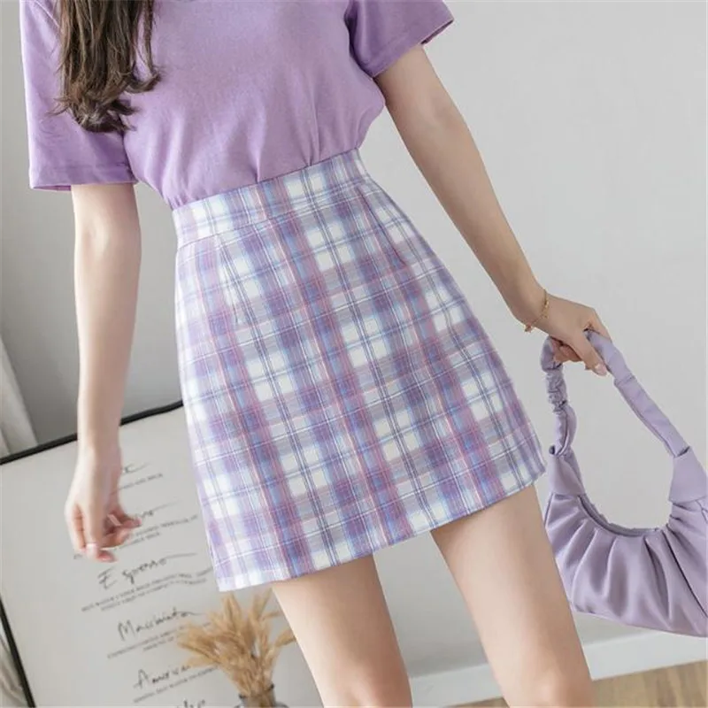 pleated midi skirt 2022 New Summer Purple A-Line Plaid Skirt Women High Waist Sexy Short Skirt Bag Hip All-Match Girl College Style long skirts for women