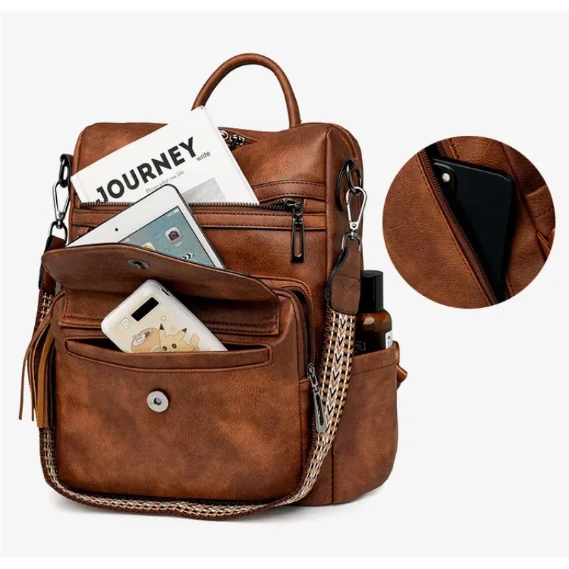 Leather Travel Fashion Purse Designer Ladies Shoulder Bags Backpack for Women Large Womens Backpack with Tassel Two-toned Brown 5