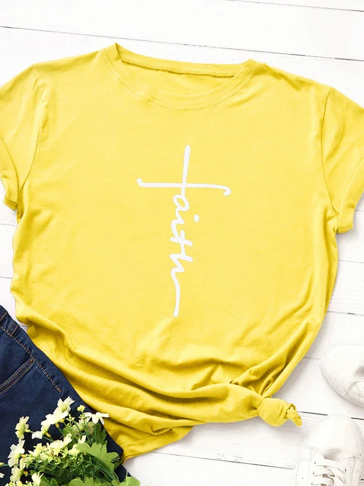 믿음 편지 인쇄 여성 T 셔츠 반소매 O 넥 느슨한 여성 Tshirt 숙녀 티 셔츠 탑스 의류 Camisetas Mujer