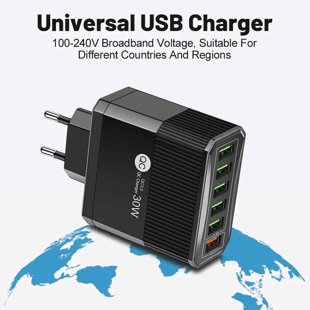 30W USB Charger 6 Ports Fast Charging Phone Travel Charger QC3.0 USB Phone Charger Adapter For iPhone Xiaomi Samsung EU/KR Plug