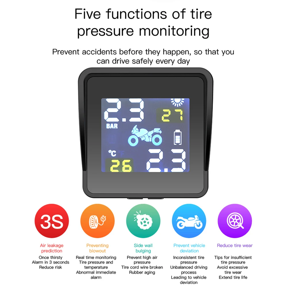 High-precision Solar TPMS Tire Pressure Tyre Temperature Monitoring Alarm System Wireless Motorcycle Replacement Parts