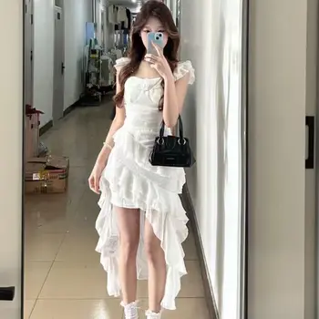 White Y2K Fairycore Ruffle High Low Dress Women Sweet Lace Trim Asymmetrical Hem Sleeveless Party Prom Dress Summer Sun Dress 1