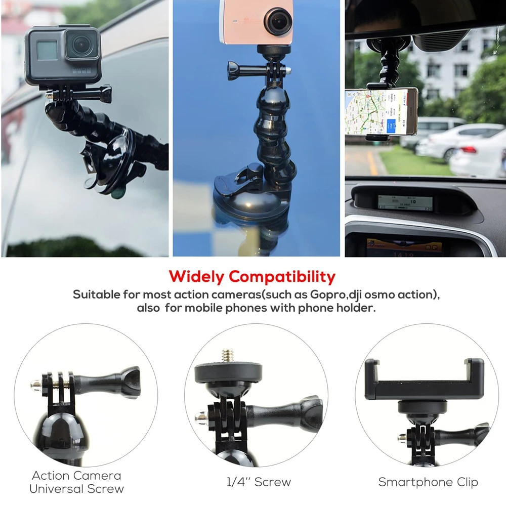 Versatile Windshield Suction Cup Mount with Flexible Clamp Arm for Cameras and Smartphones