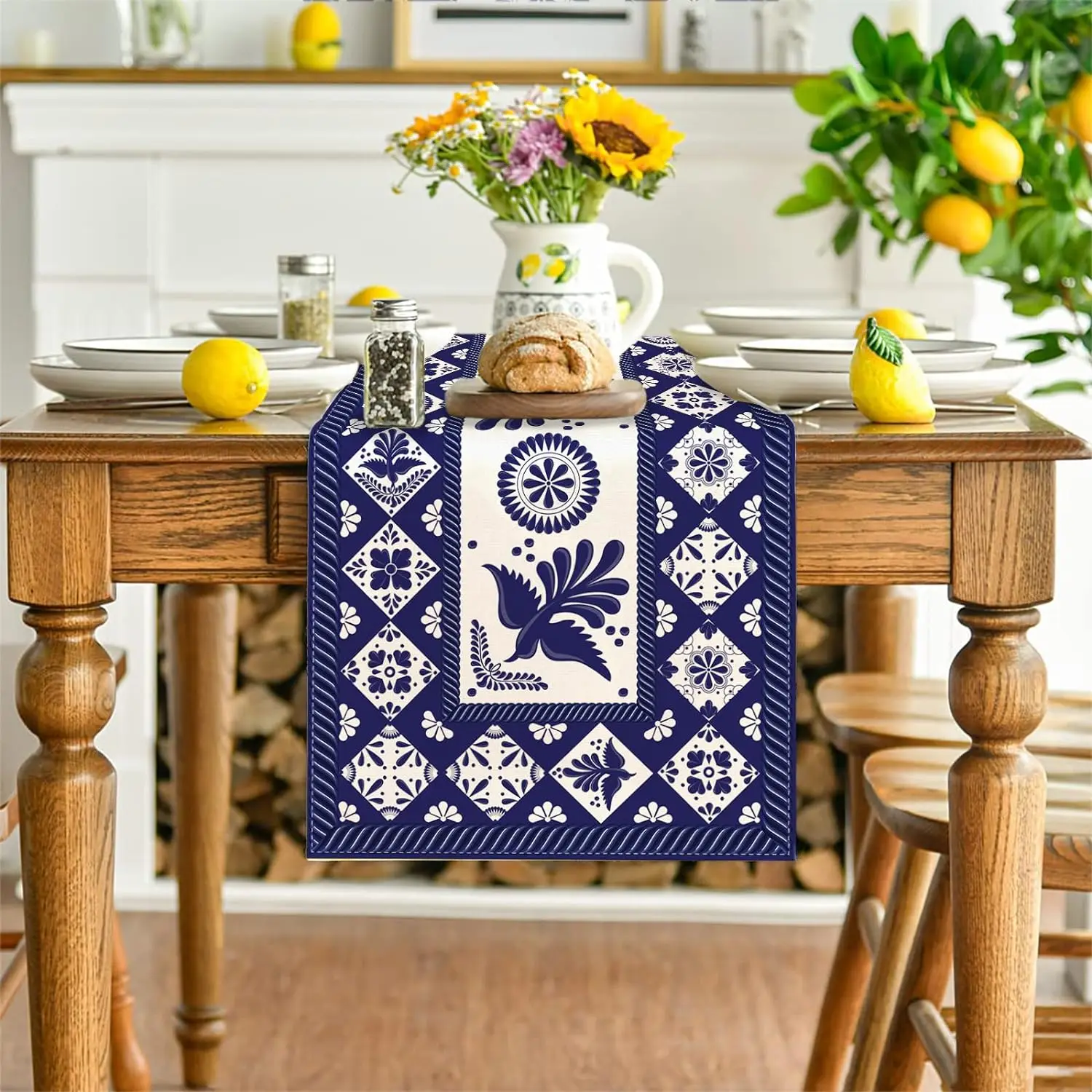 Talavera Floral Bird Mexican Linen Table Runners Mexican Dia De Los Muertos Fiesta Decor Dresser Scarf Party Dining Table Decor 2