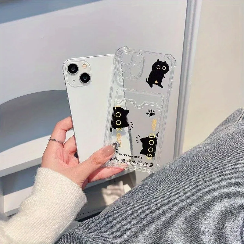 Creative Cat Design Transparent Shockproof Phone Case with Card Holder