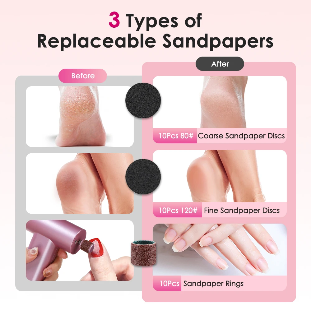 3 in 1 Electric Foot Callus Remover Rechargeable Electric Foot File Nail Grinder Pedicure Tools with 20pcs Sandpapers