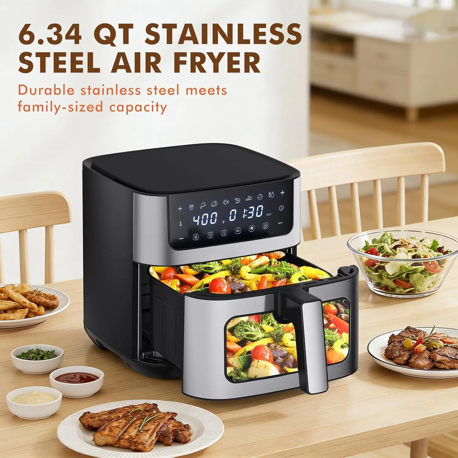 6.34QT Air Fryer with Window, 8 Food Presets with 400°F Max Heat, Black 2