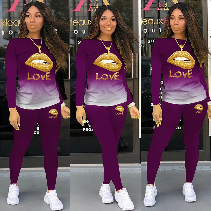 Love Women Outfit Two Piece Gradient Color Set Leisure Long Sleeve+Pant Suits Tracksuit Female Spring Summer Clothes Sportwear