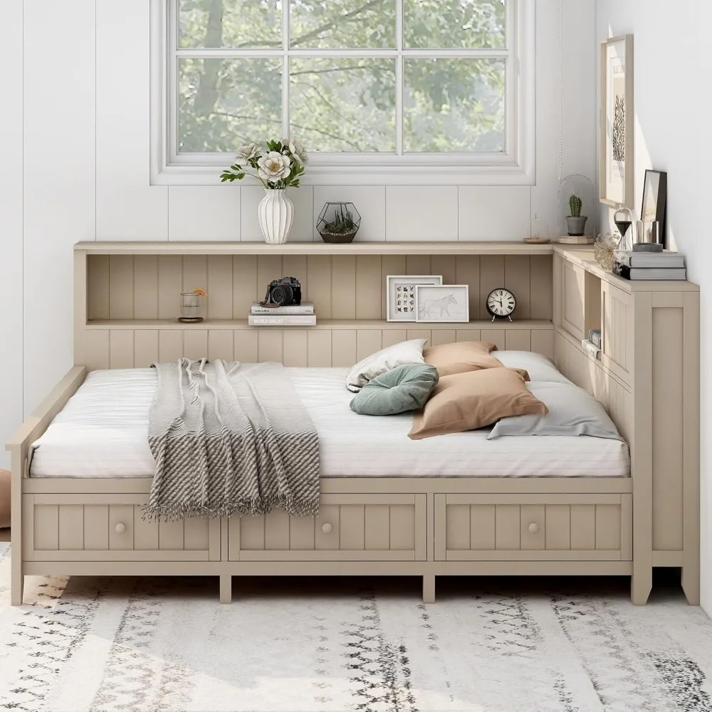 Full Size Daybed, Wood Full Daybed Frame with Storage Shelves and 3 Drawers, Antique White Milk 2
