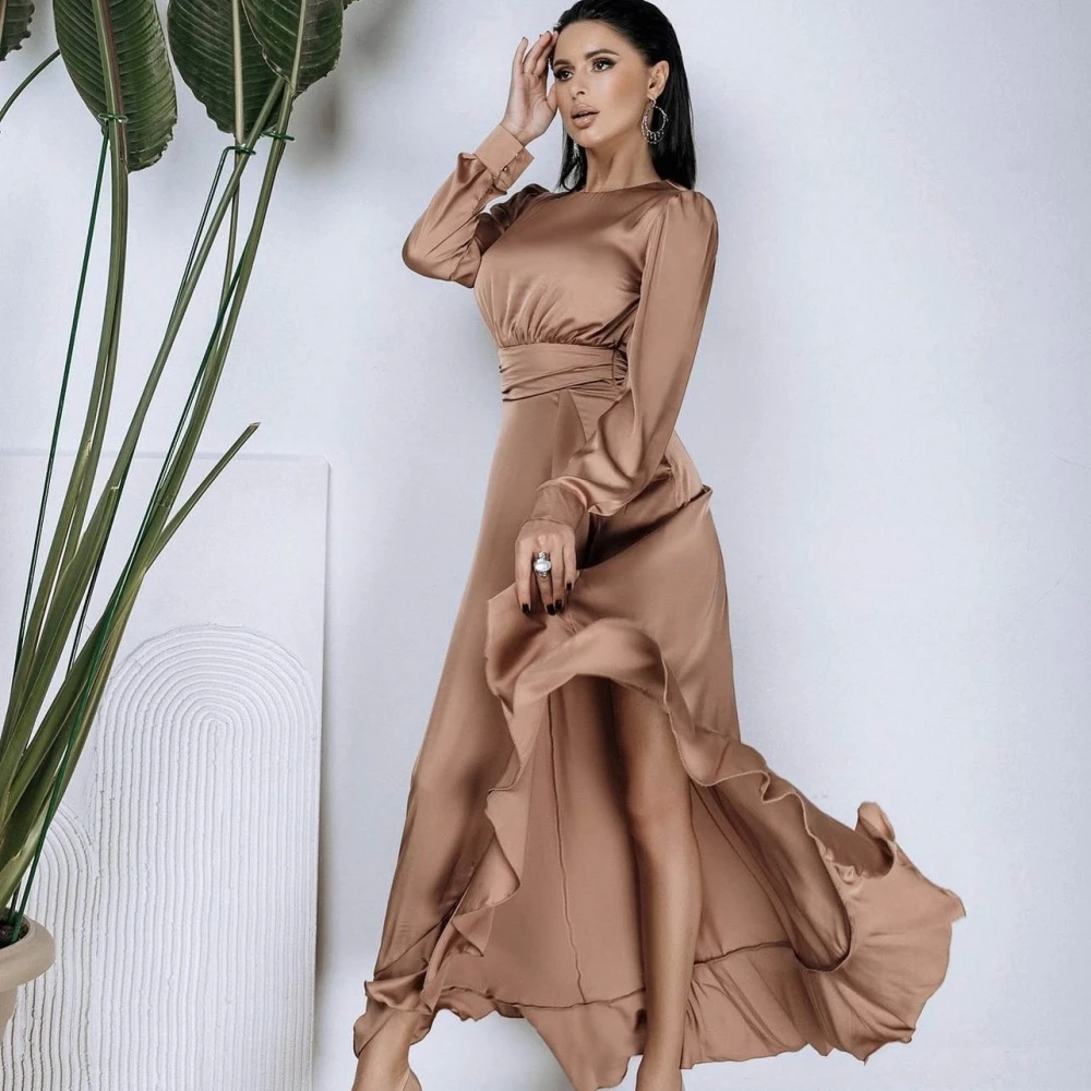 

Simple Women Gowns Long Sleeve O-Neck Elegant Dress Chiffon Ankle-Length Split Mother Dresses Robes Invitée Mariage