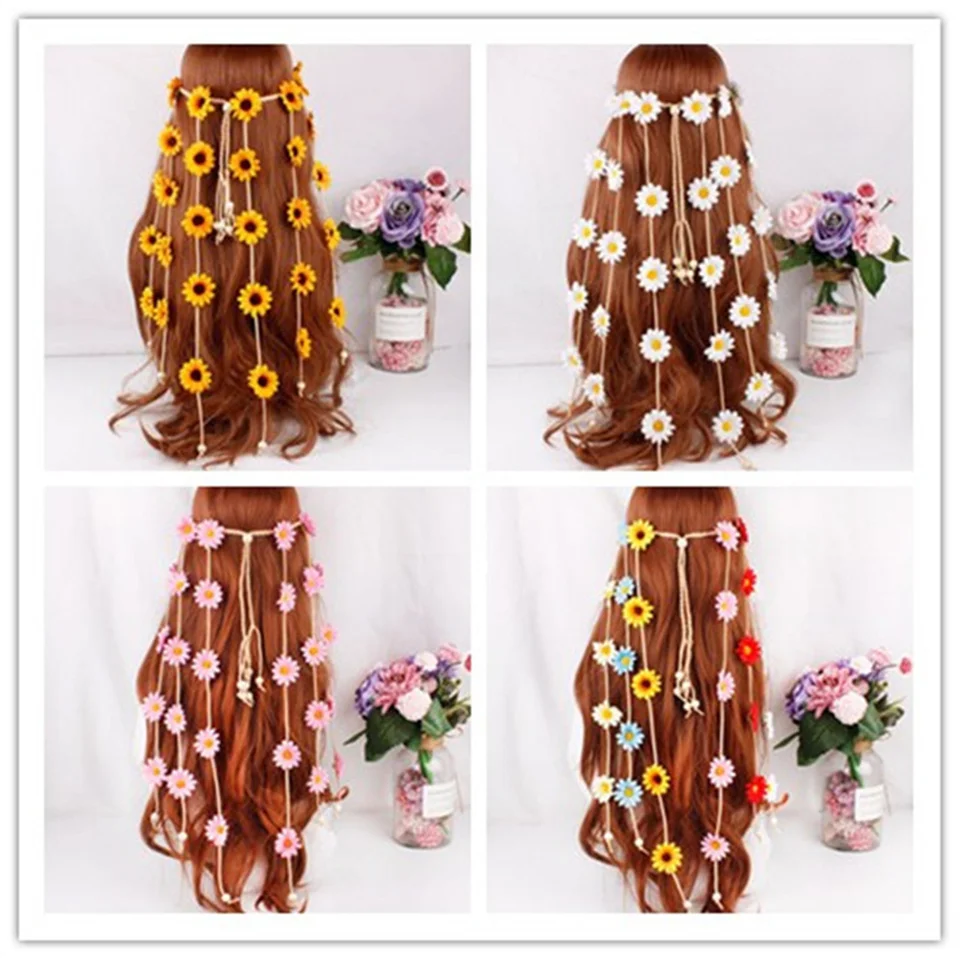 CRASPIRE Fascia per Capelli Hippie A Fiori Fasce per Capelli con Girasole Corona Floreale Boho Behemain Copricapo Hippie Margherita Beige con Perline