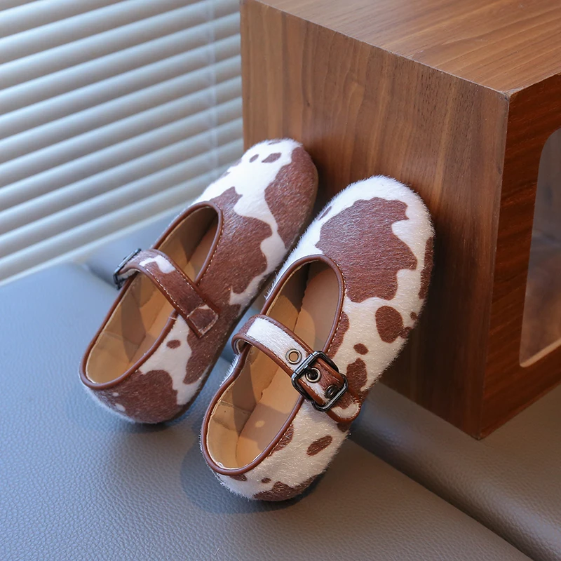 Girls Plush Leather Ankle Strap Ballet Flats