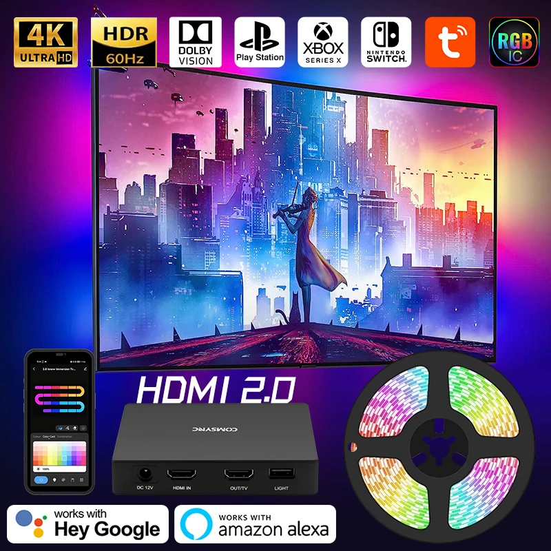 

RGB IC Smart Ambient TV Led Strip Backlight Kit For 4K HDMI 2.0 TV PC Device Sync Box Wifi Alexa Voice Google Assistant Control