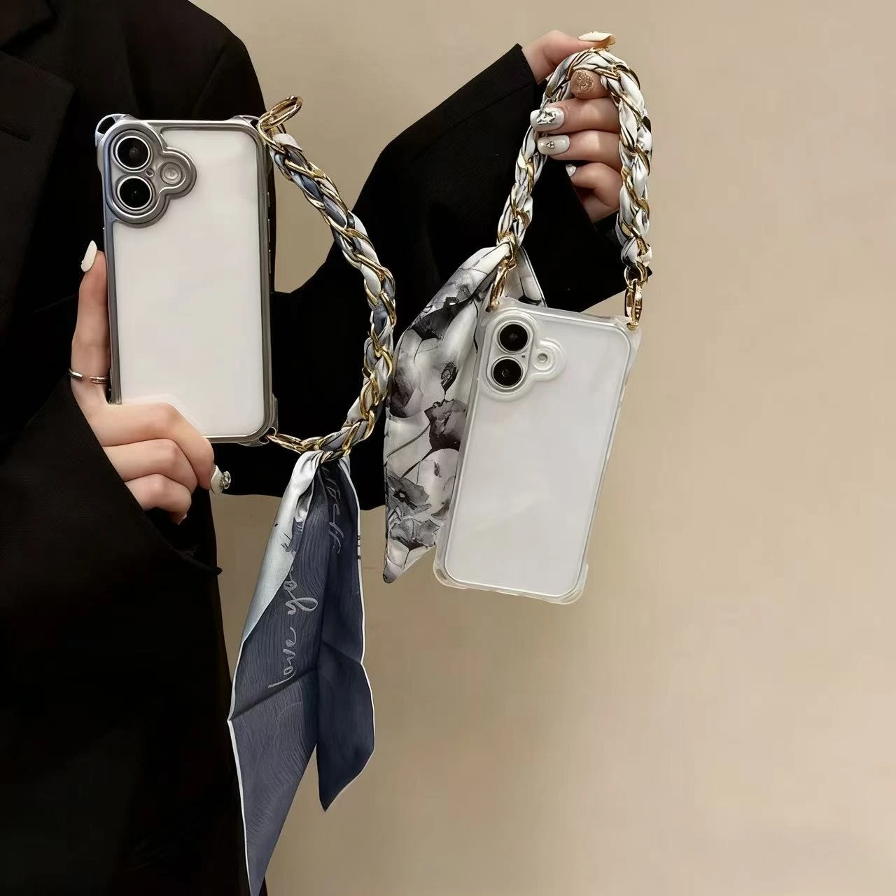 Elegant Silk Scarf Chain Strap Phone Case with Soft Shockproof Lanyard Cover