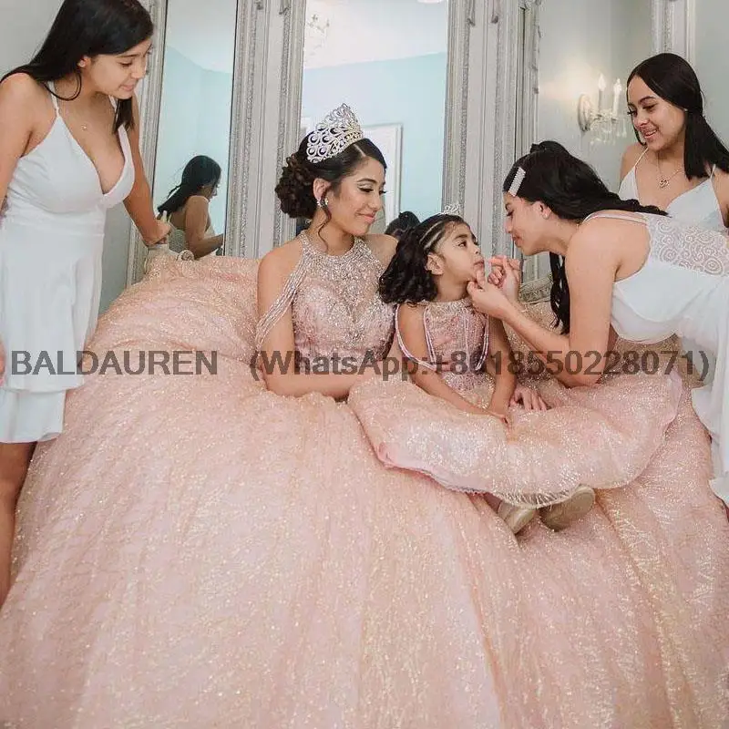 Rose Gold Pink Sequined Lace Quinceanera Dresses High Neck Crystal Beading Off Shoulder Ball Gown Customized