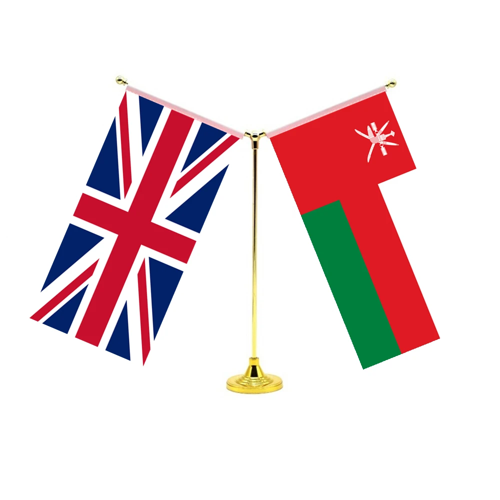 

14x28cm Mini Oman Flag Desktop Standing Friendship Set With Two Flags Of Britain UK United Kingdom And Oman