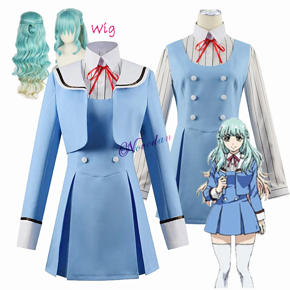 Kuon Shinzaki Anime High Rise Invasion Cosplay Costume Tenkuu Shinpan School Uniform Girl Blue Dress Wig Hair For Women Outfit