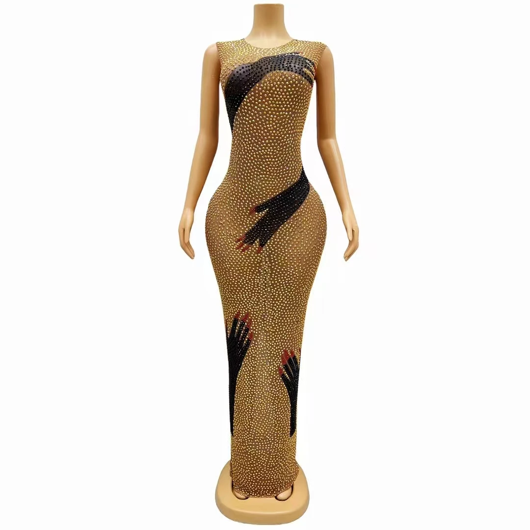 

Singer Stage Party Gold Rhinestones Print Long Dress Sexy Transparent Sleeveless Mesh Birthday Dresses Club Performance Costume